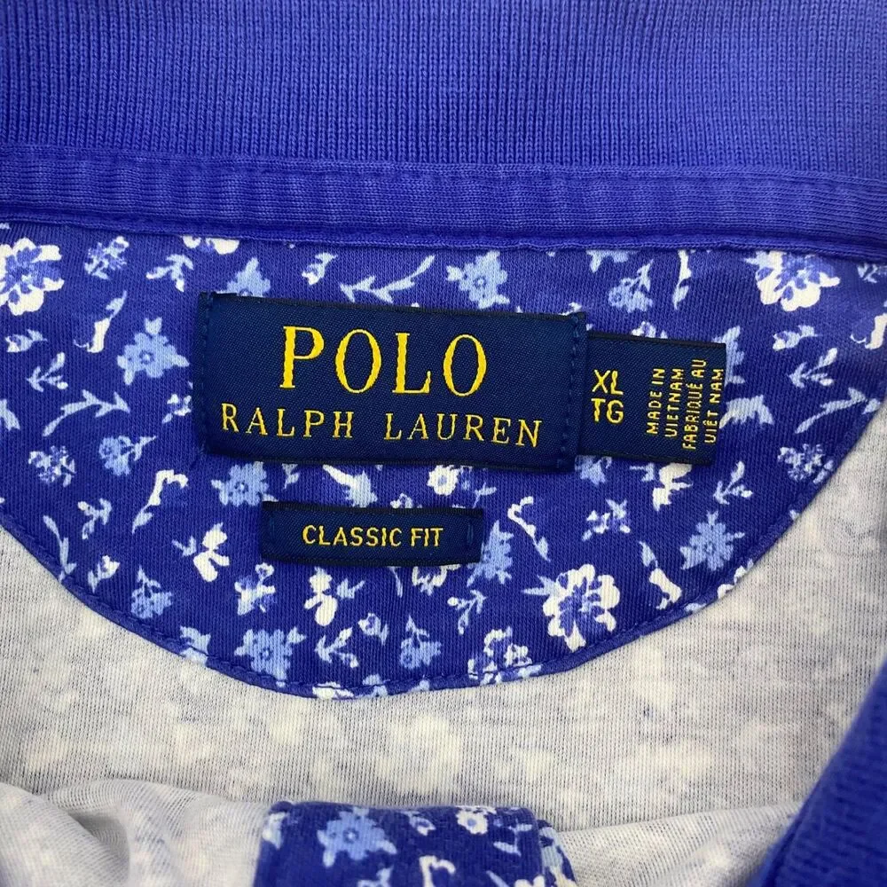 Polo Ralph Lauren Polo Shirt Mens XL Blue White Floral Print Classic Fit Golf